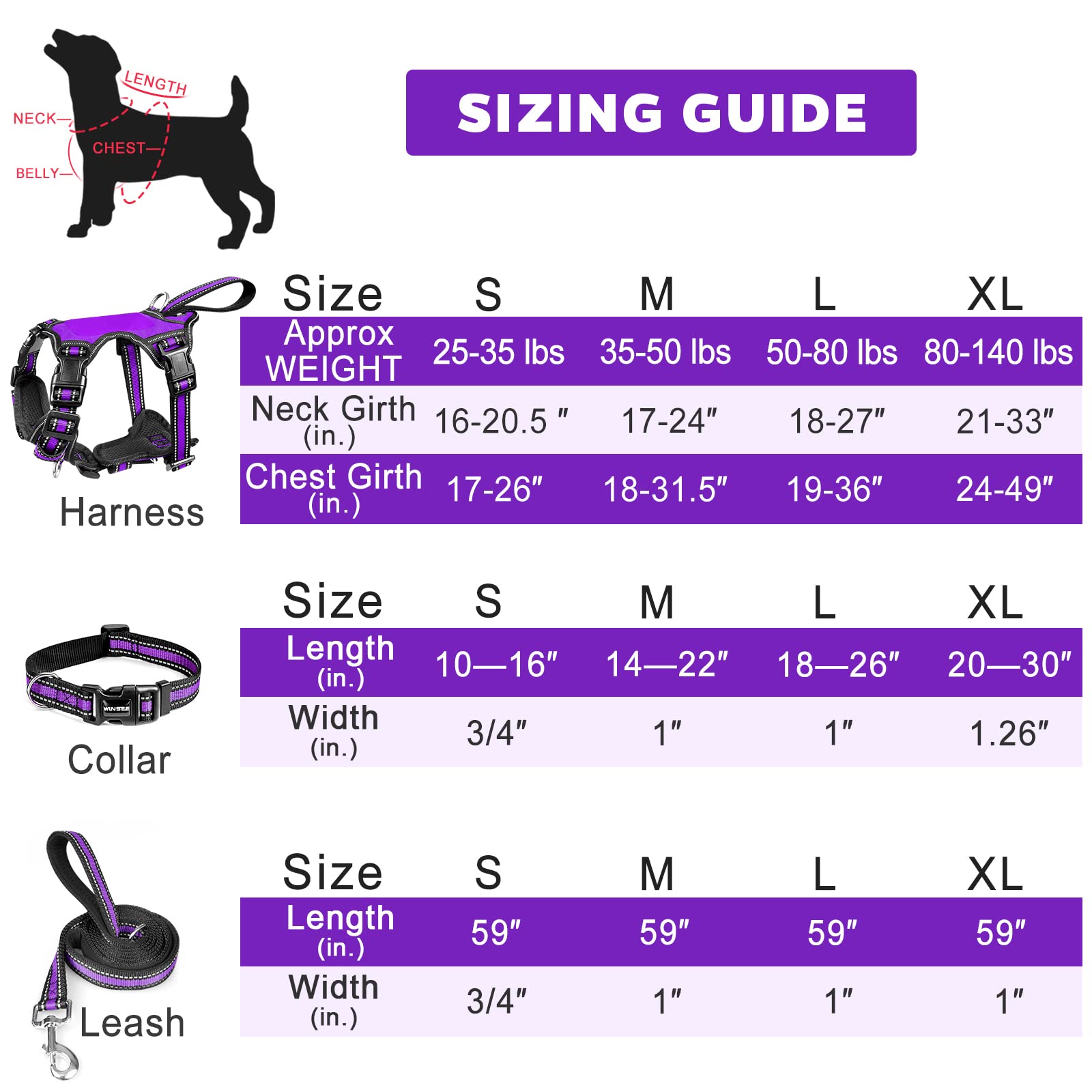 WINSEE dog harness set with the matching reflective collar and leash.