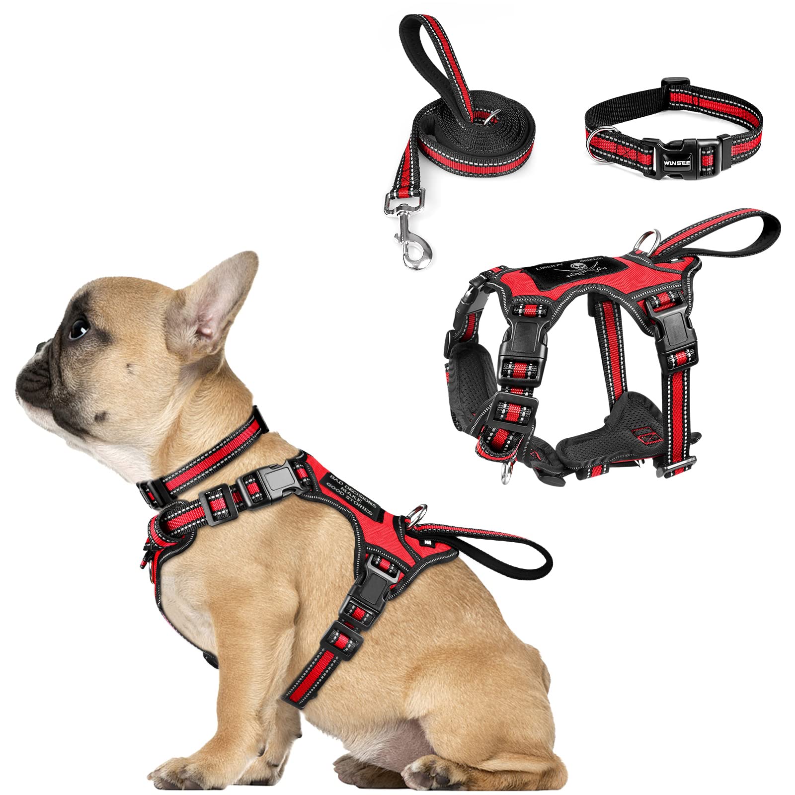 WINSEE dog harness set shown from the front with its collar and leash.