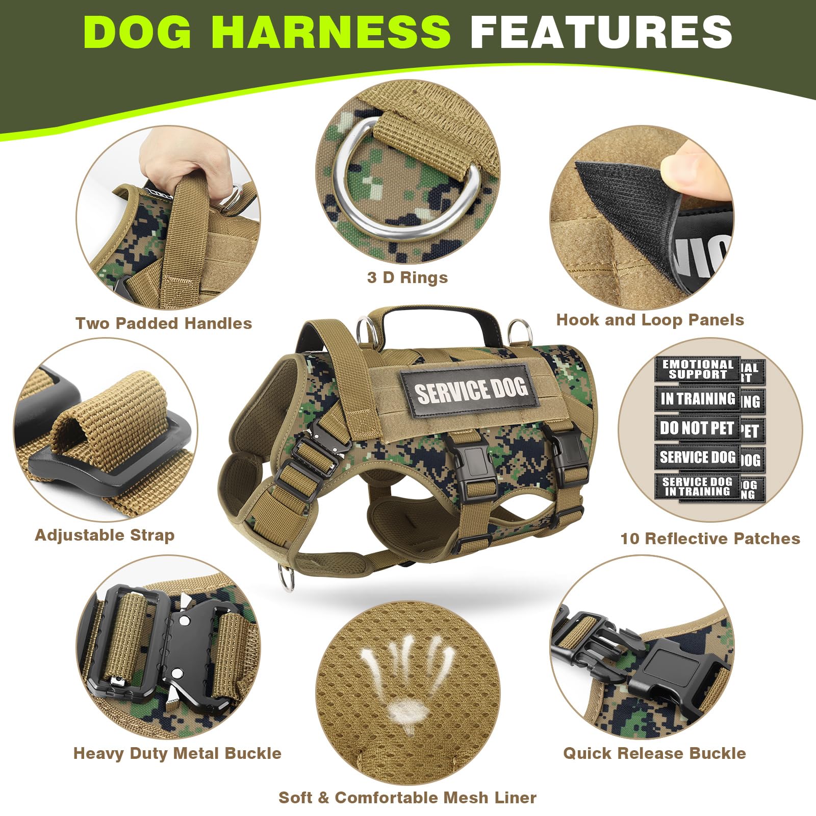 WINSEE Service Dog Vest Harness side MOLLE panels shown for attaching dog gear.