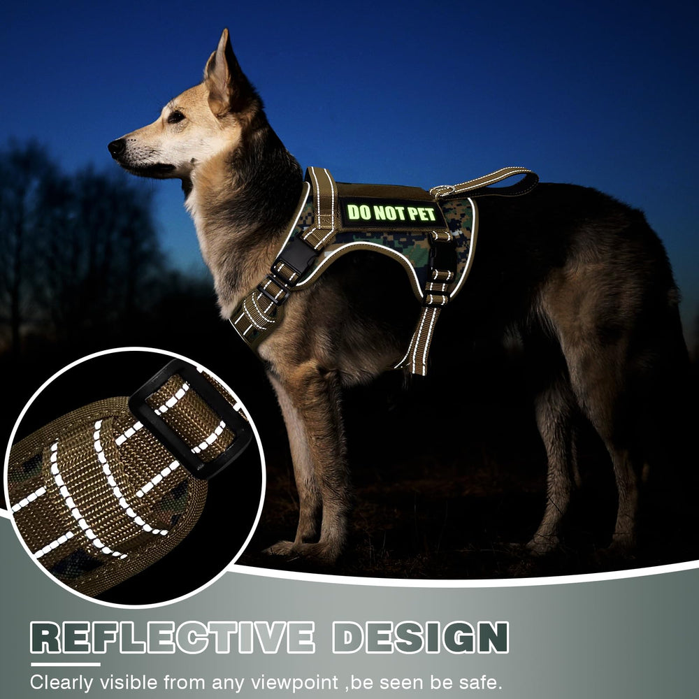 WINSEE tactical dog harness MOLLE panels and included message patches shown in detail.