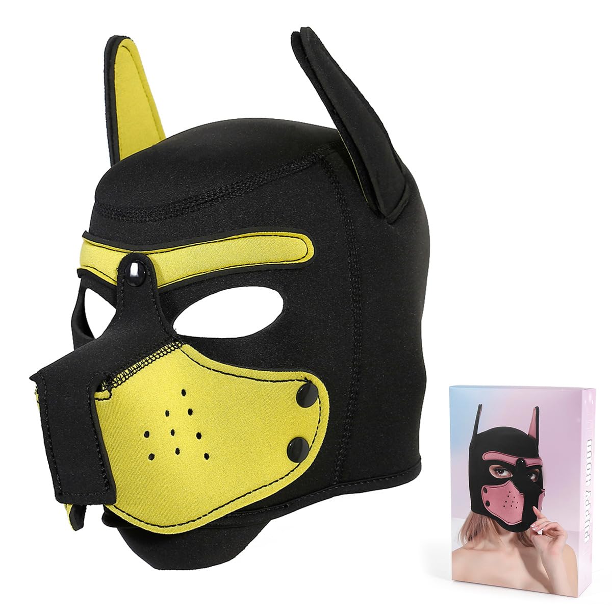 Womalen pup hood mask detail showing its removable mouth section.
