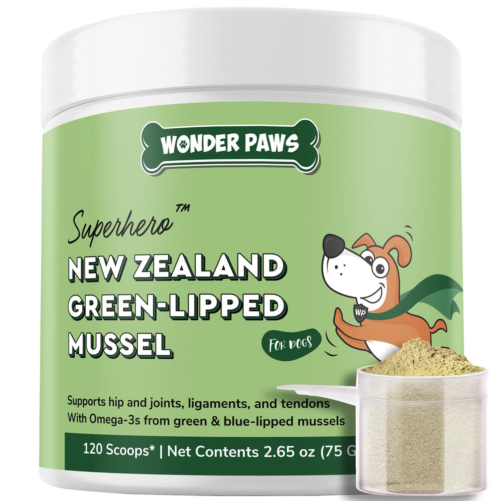 WONDER PAWS mussel powder shown as a food mix-in for dogs.