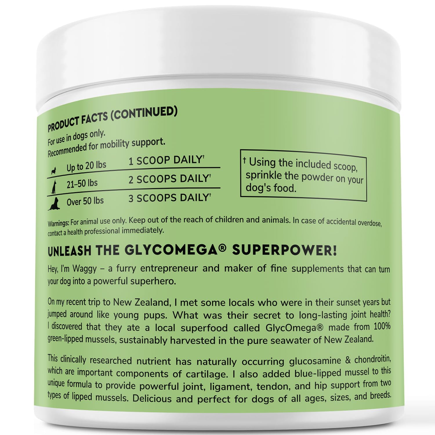 Back view of the WONDER PAWS mussel powder package.