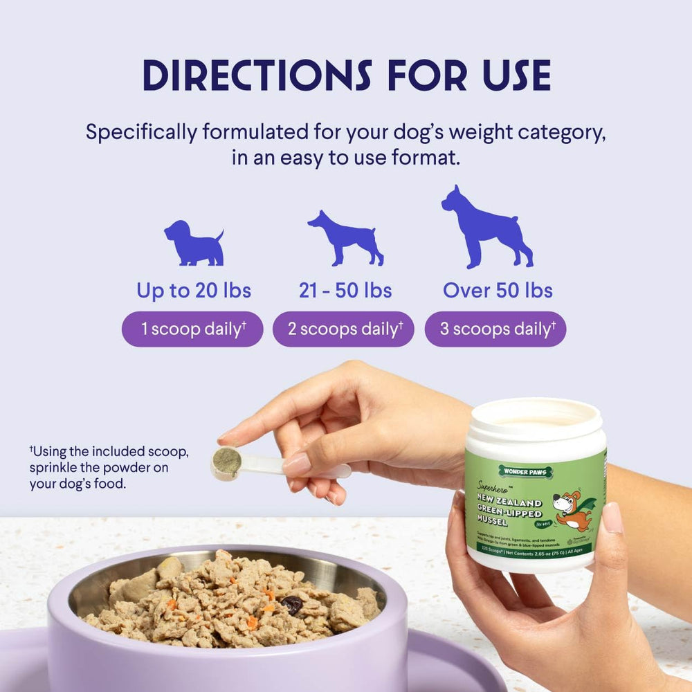 WONDER PAWS mussel powder label showing product information.