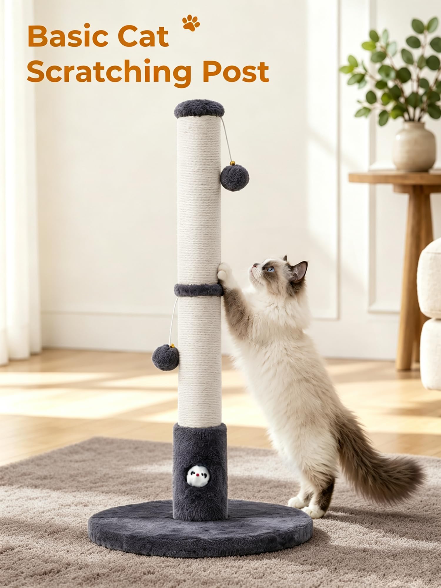 Woochpet cat scratching post with two hanging balls for interaction.