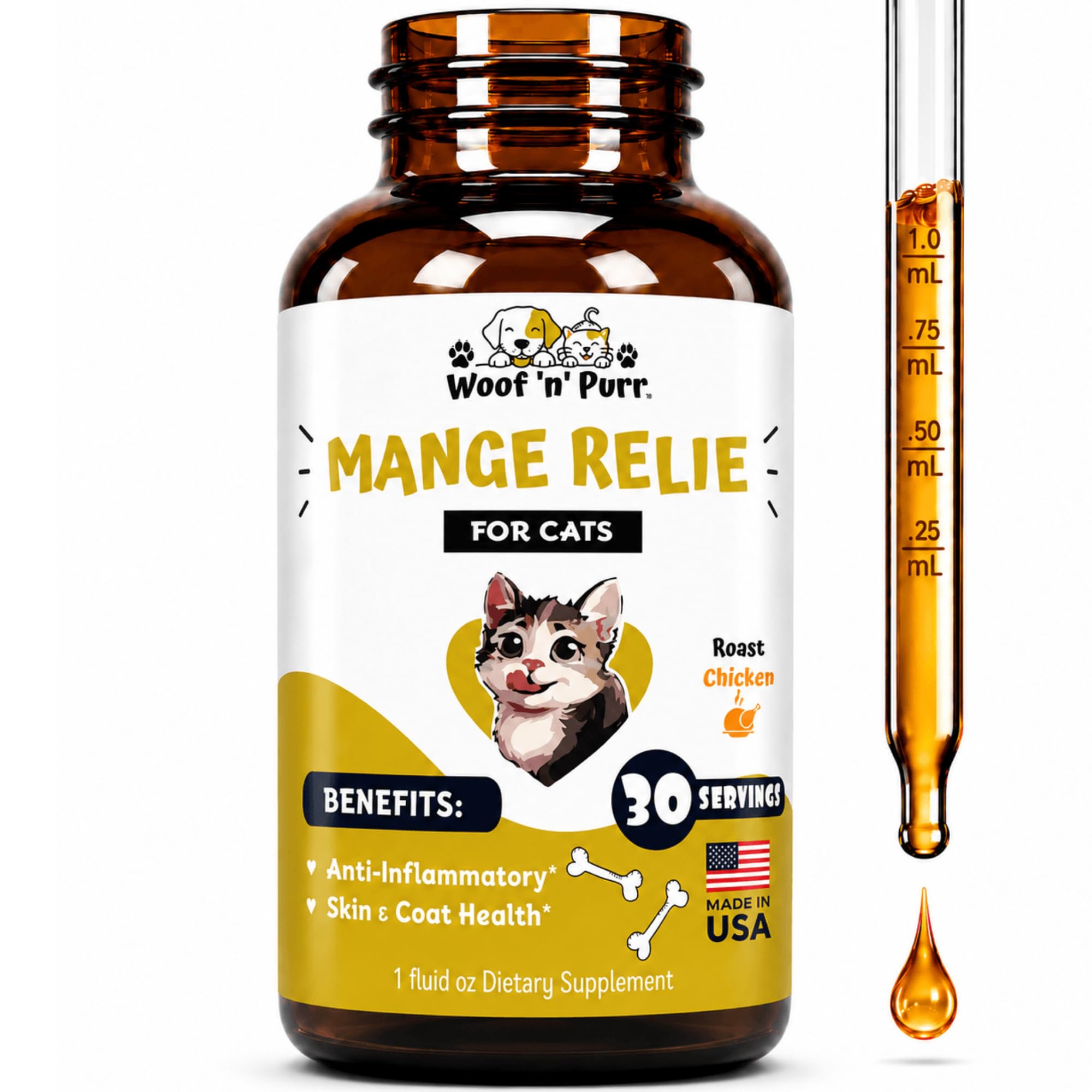 Woof 'n' Purr Cat Mange Treatment bottle shown from the front.