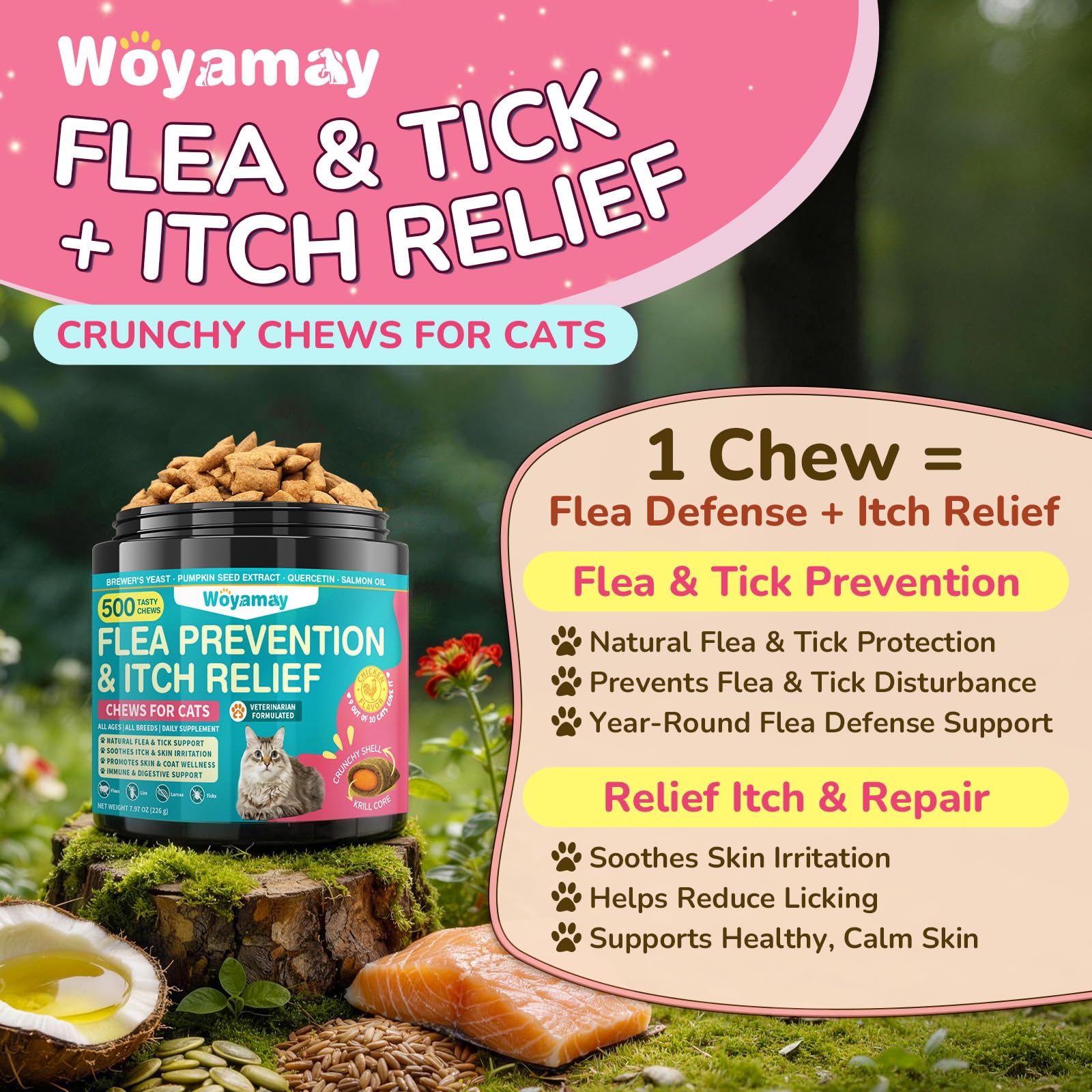 Woyamay cat flea and itch relief chew shown close up.