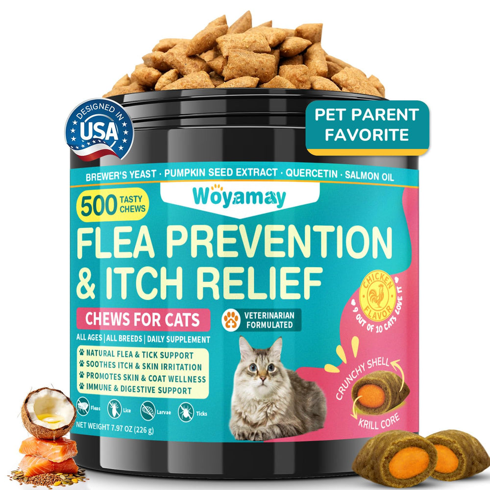 Woyamay cat flea and itch relief chews shown in a front-facing product view.