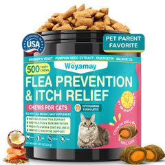 Woyamay cat flea and itch relief chews shown in a front-facing product view.