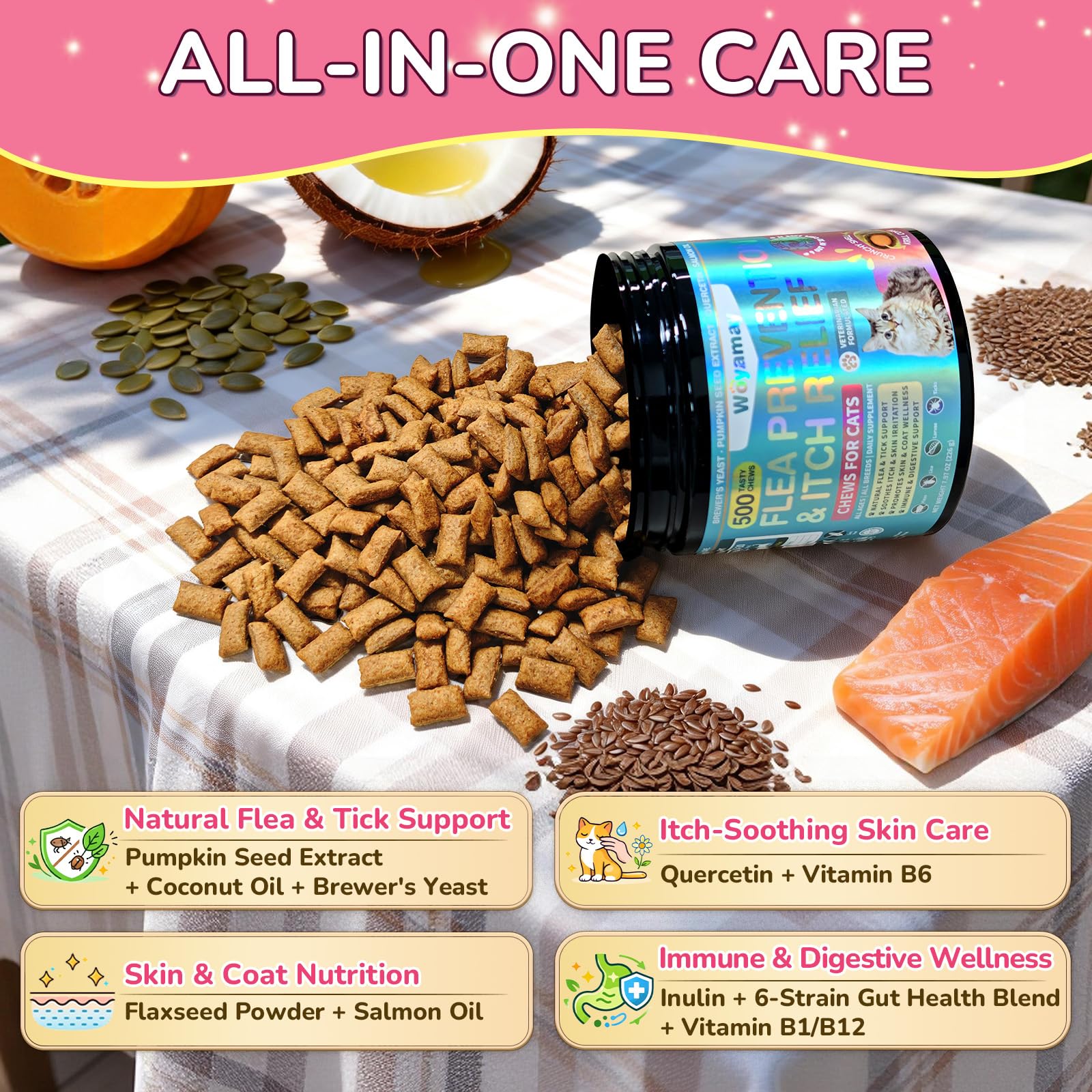 Woyamay cat flea and itch relief chew shown with its krill-filled center.