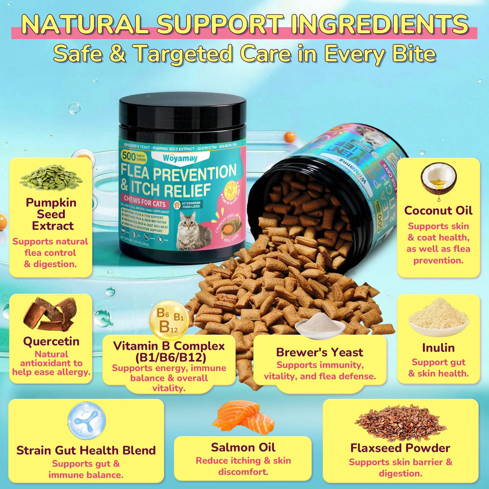 Woyamay cat flea and itch relief chews with brewer’s yeast, coconut oil, and pumpkin seed extract.