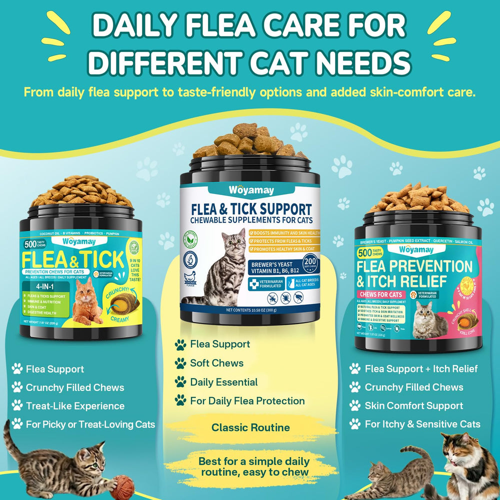 Woyamay cat flea and tick chews shown as a 200-chew can.