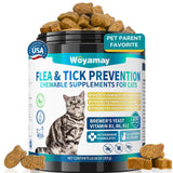 Woyamay cat flea and tick chews shown with their can.