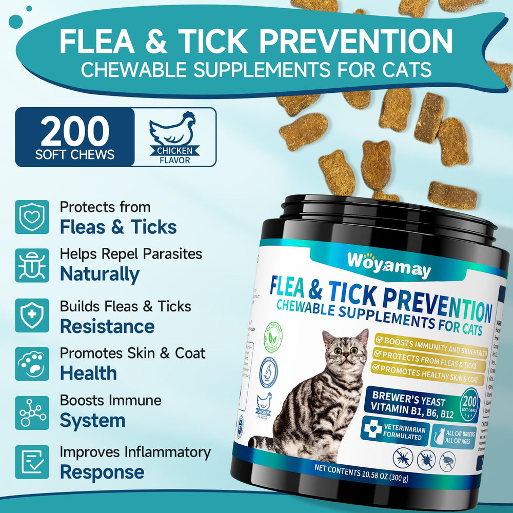 Woyamay cat flea and tick chews shown from the front.