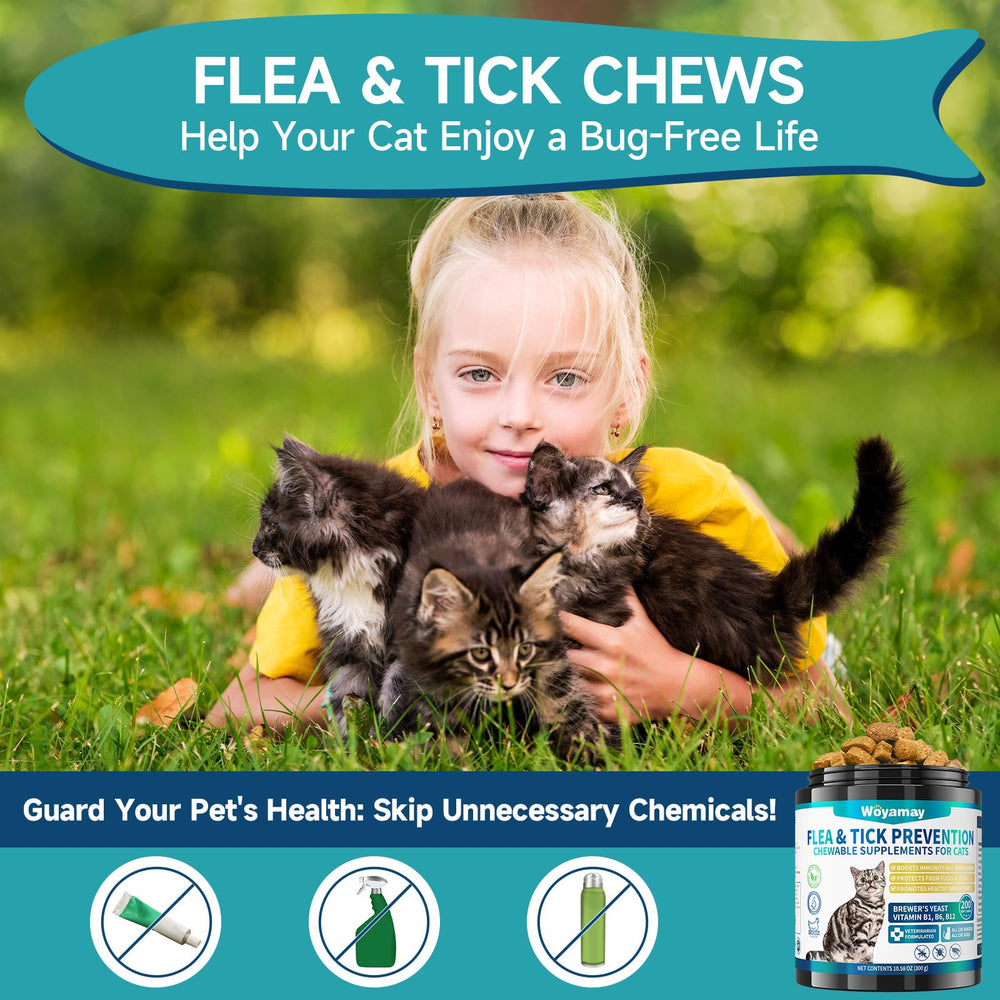 Woyamay cat flea and tick chews with a skin and coat care focus.