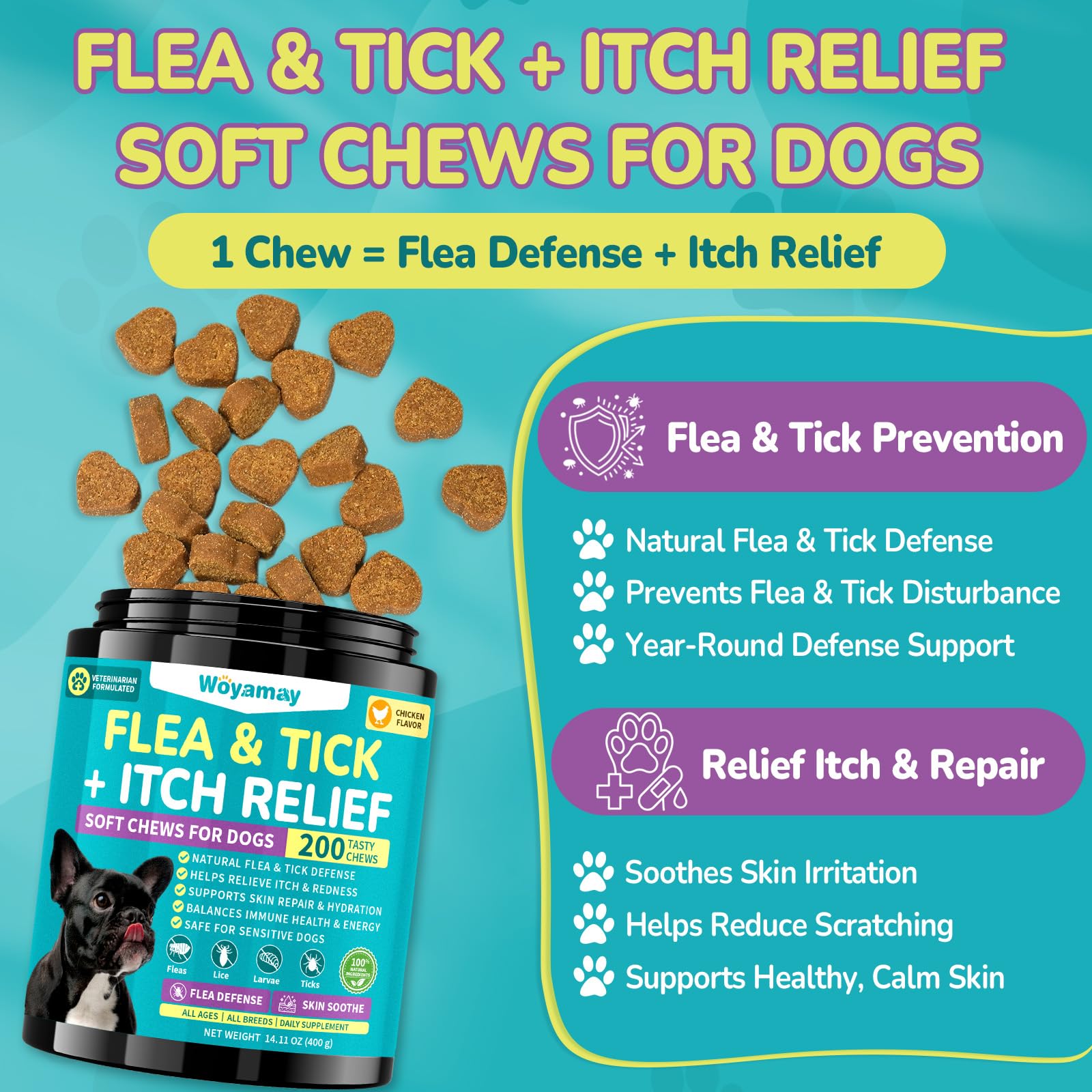 Woyamay flea and tick prevention chew shown in a close-up view.