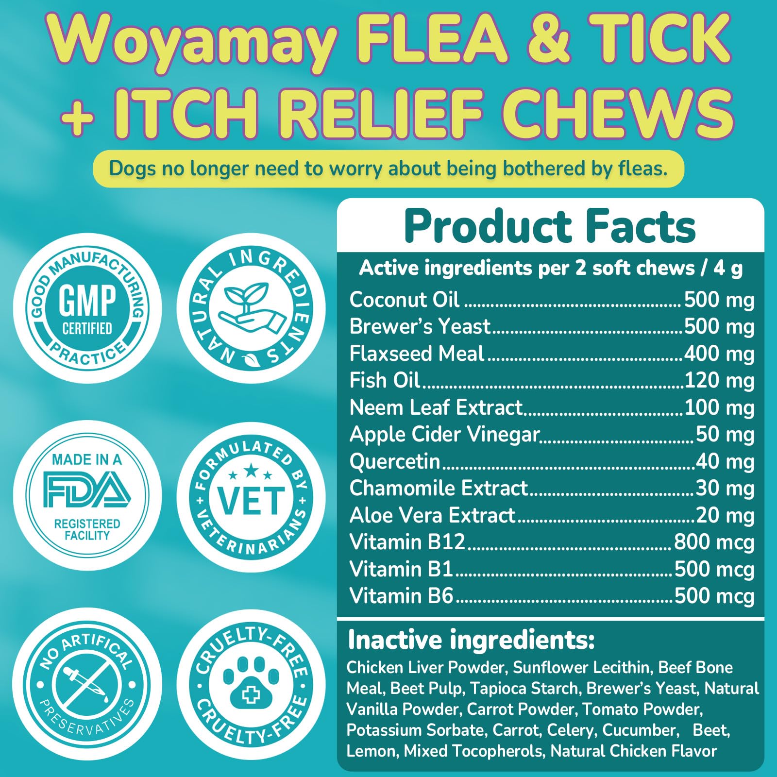 The formula panel for Woyamay flea and tick prevention chews.