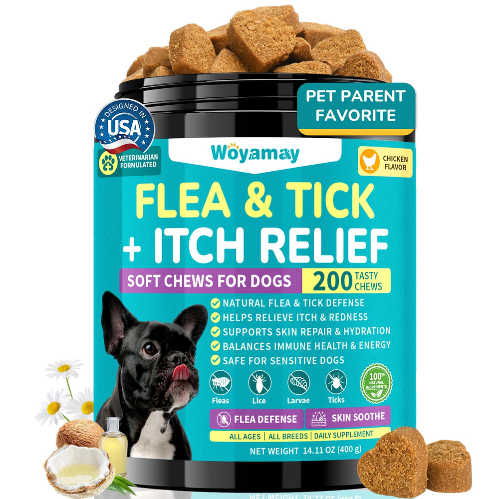 Woyamay flea and tick prevention chews shown with the front of the jar.