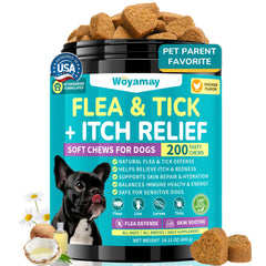 Woyamay flea and tick prevention chews shown with the front of the jar.
