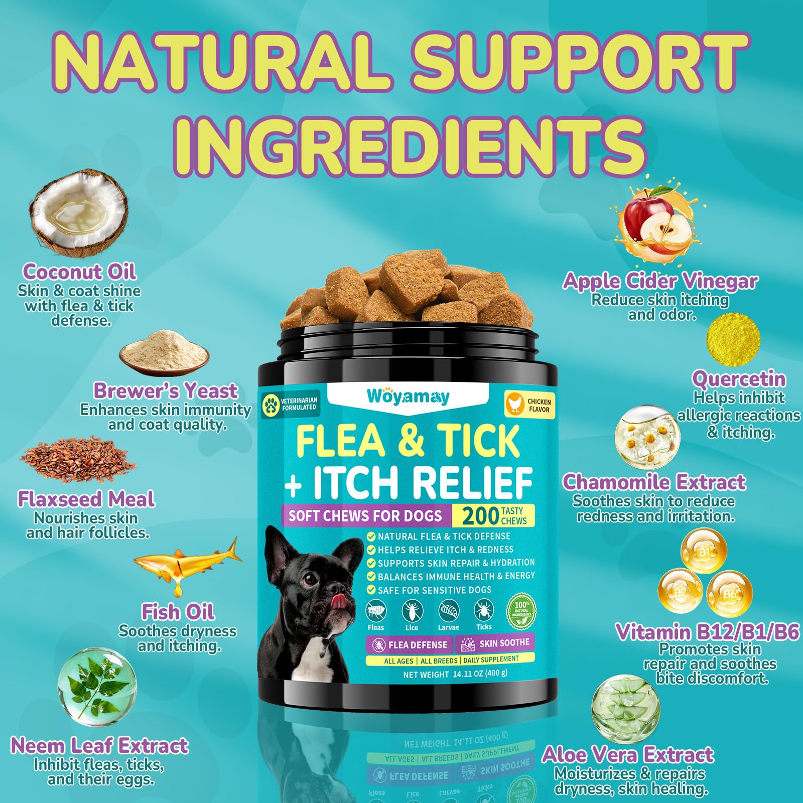 An open jar of Woyamay flea and tick prevention chews.