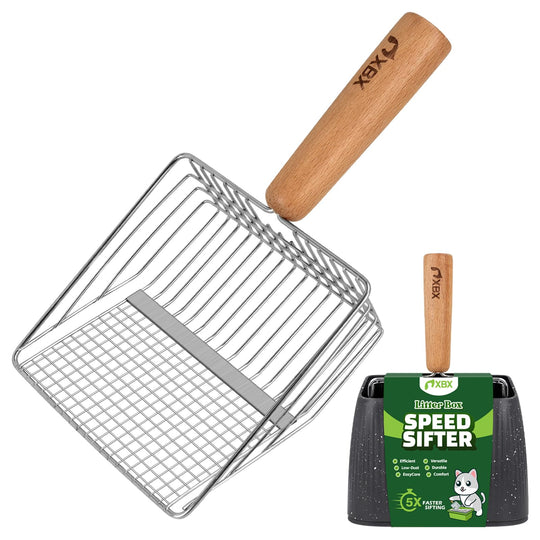 XBX cat litter scoop shown from the front with its holder.