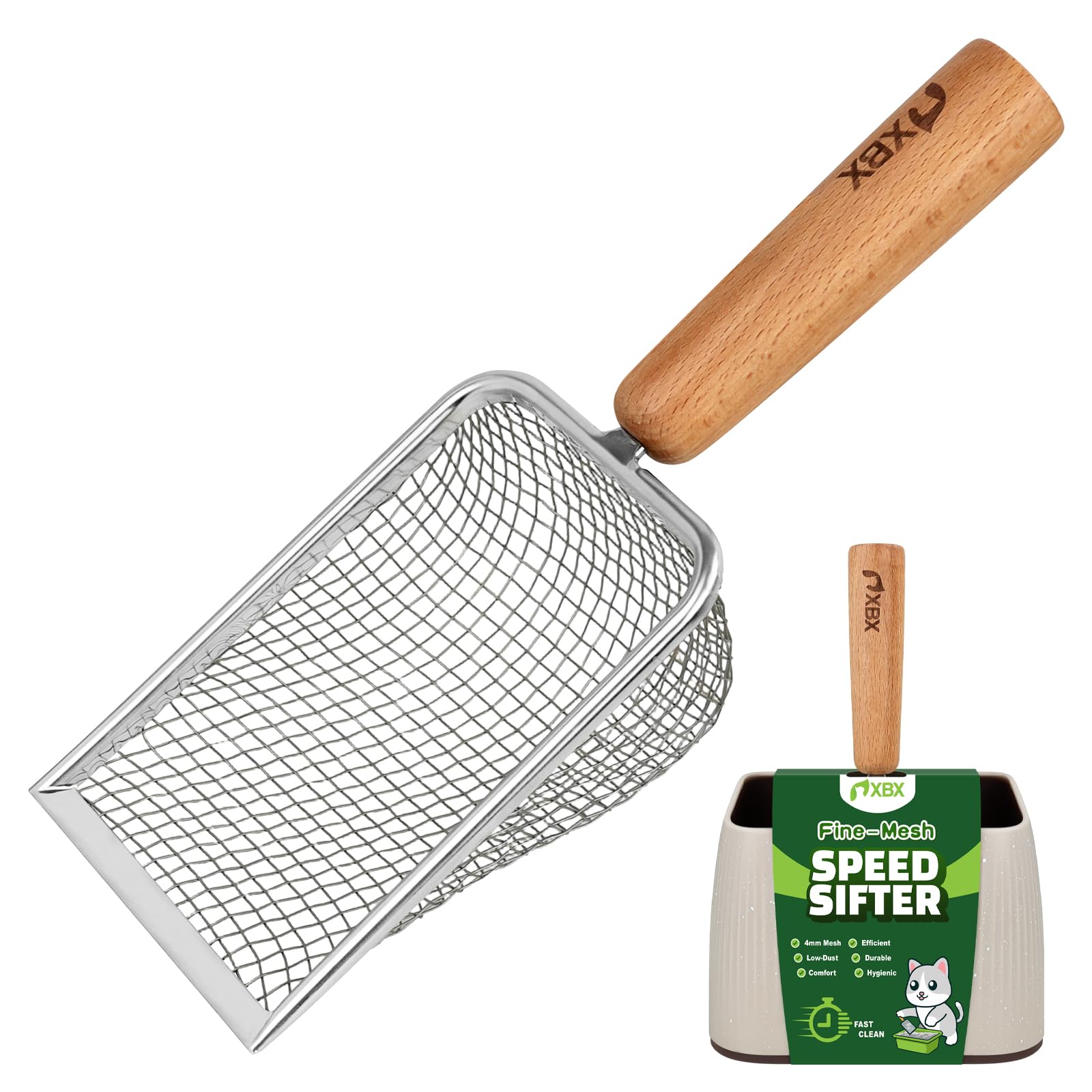 XBX cat litter scoop with holder shown from the front.