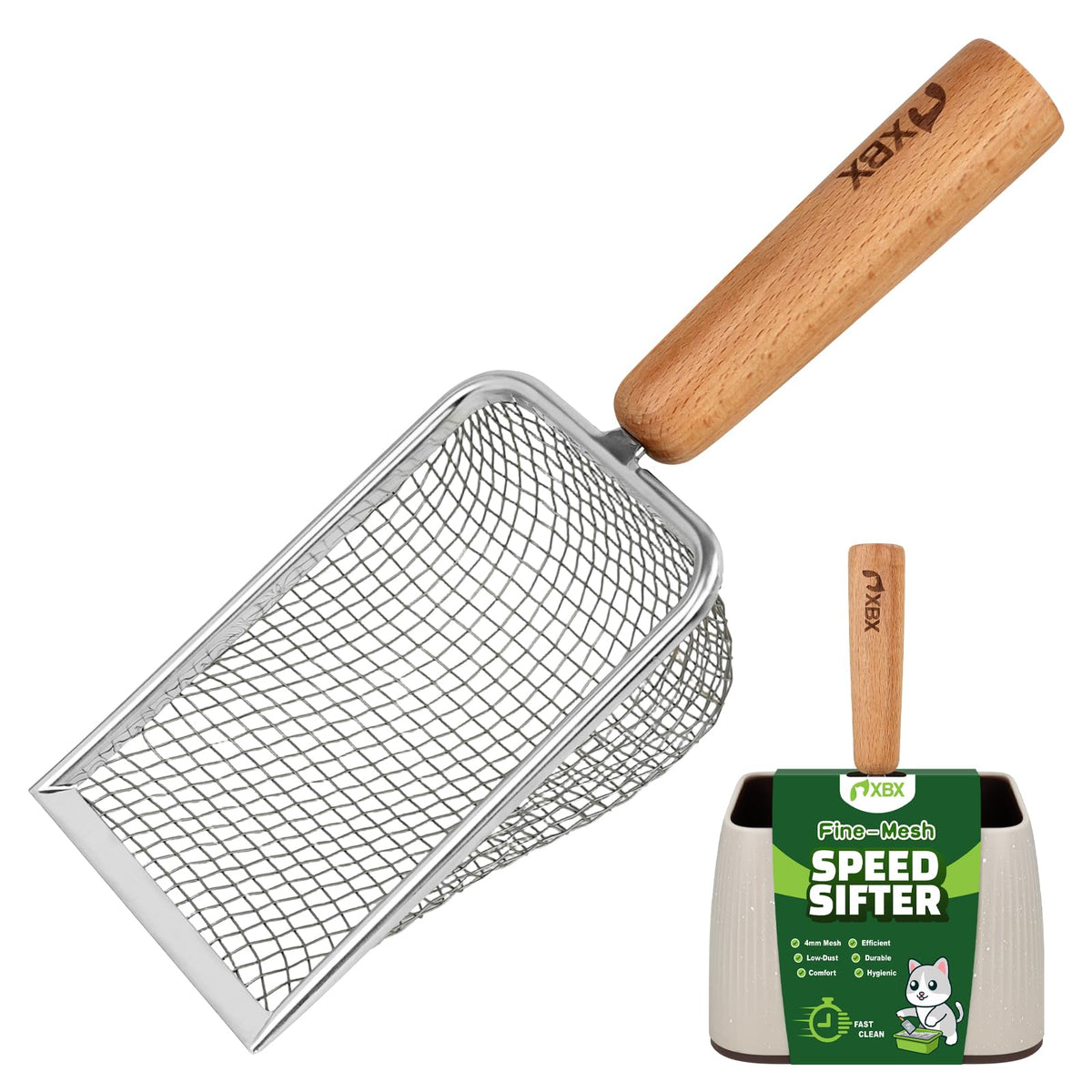 XBX cat litter scoop with holder shown from the front.