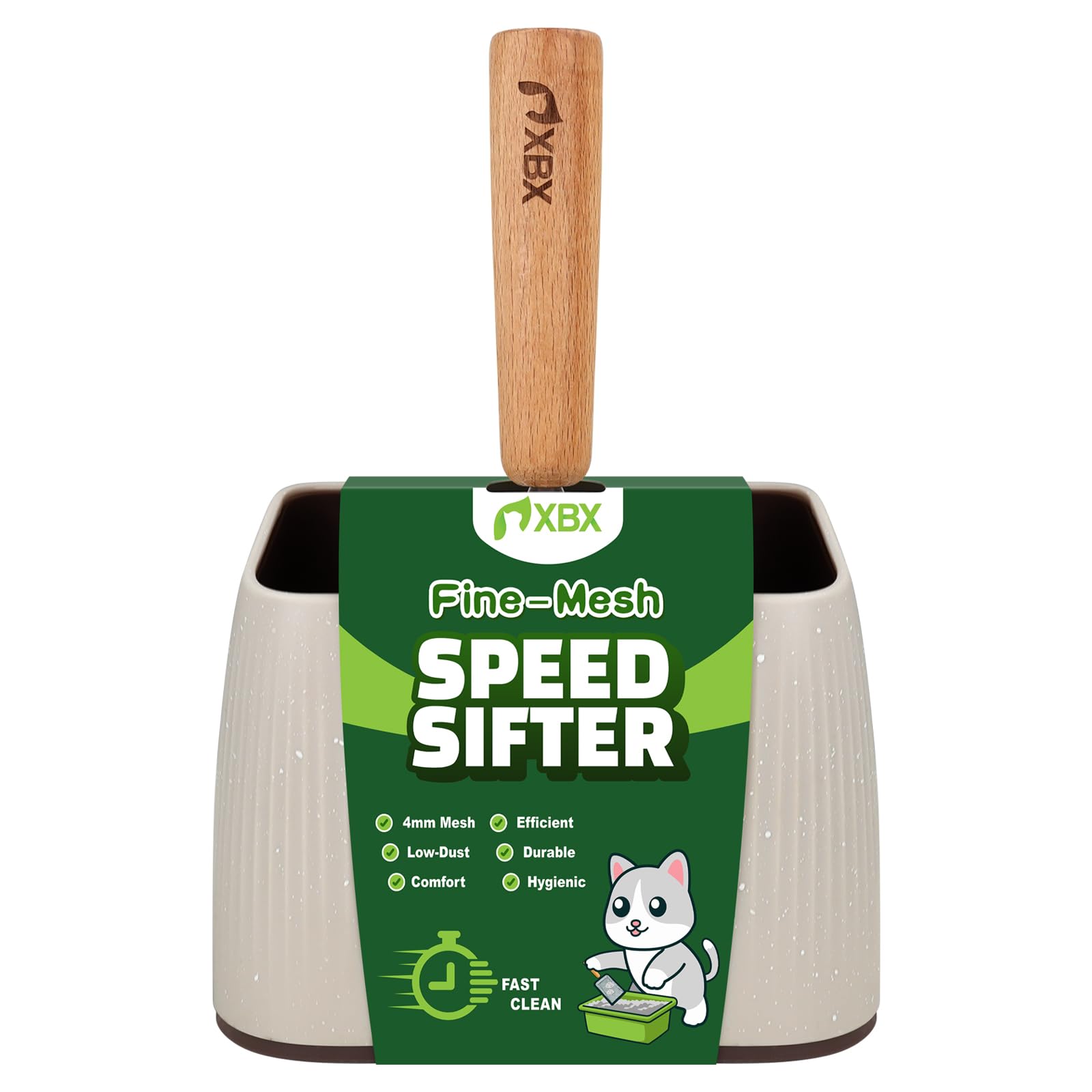 XBX cat litter scoop detail showing its wooden handle.
