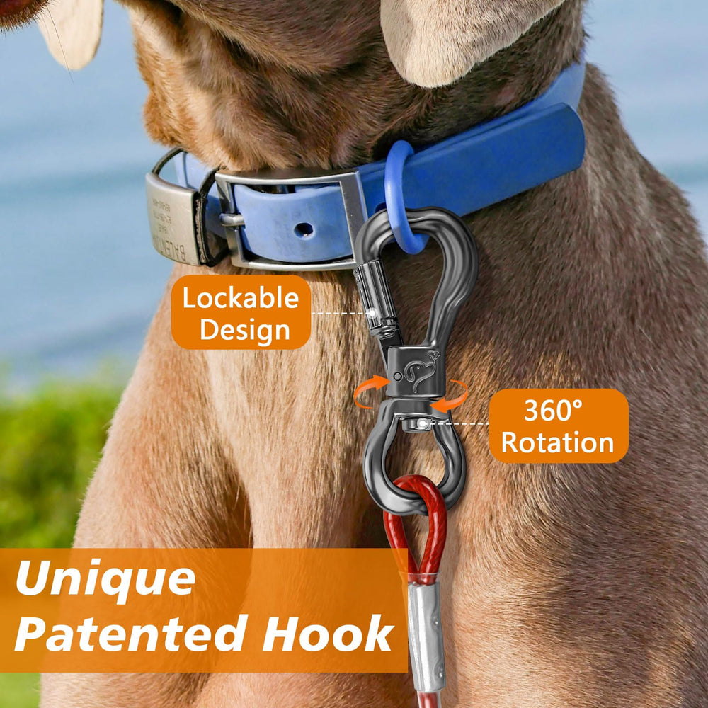 XiaZ Dog Tie Out Cable close-up showing the bone-shaped hook and locking latch.
