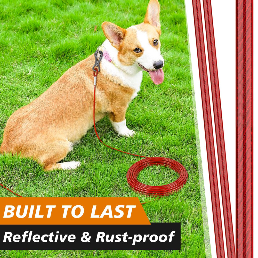 XiaZ Dog Tie Out Cable shown tethered outdoors in a yard setting.