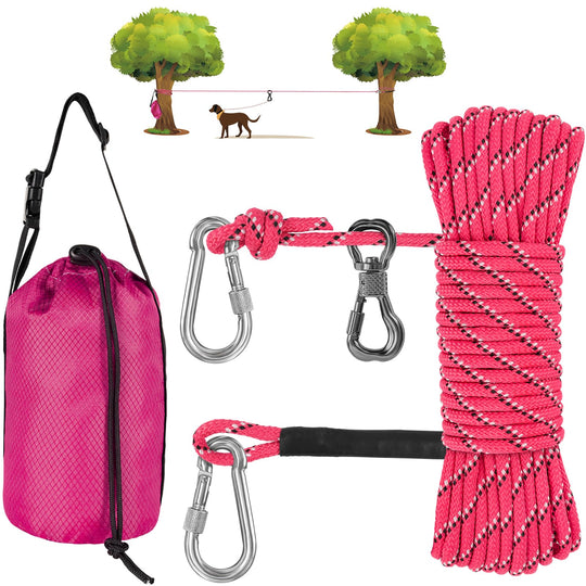 XiaZ dog trolley system with its cable, steel buckles, swivel clip, bag, and instruction sheet.