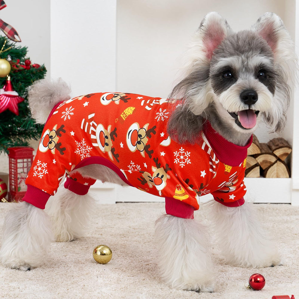 XPUDAC Christmas dog pajamas showing the soft, stretchy fabric.