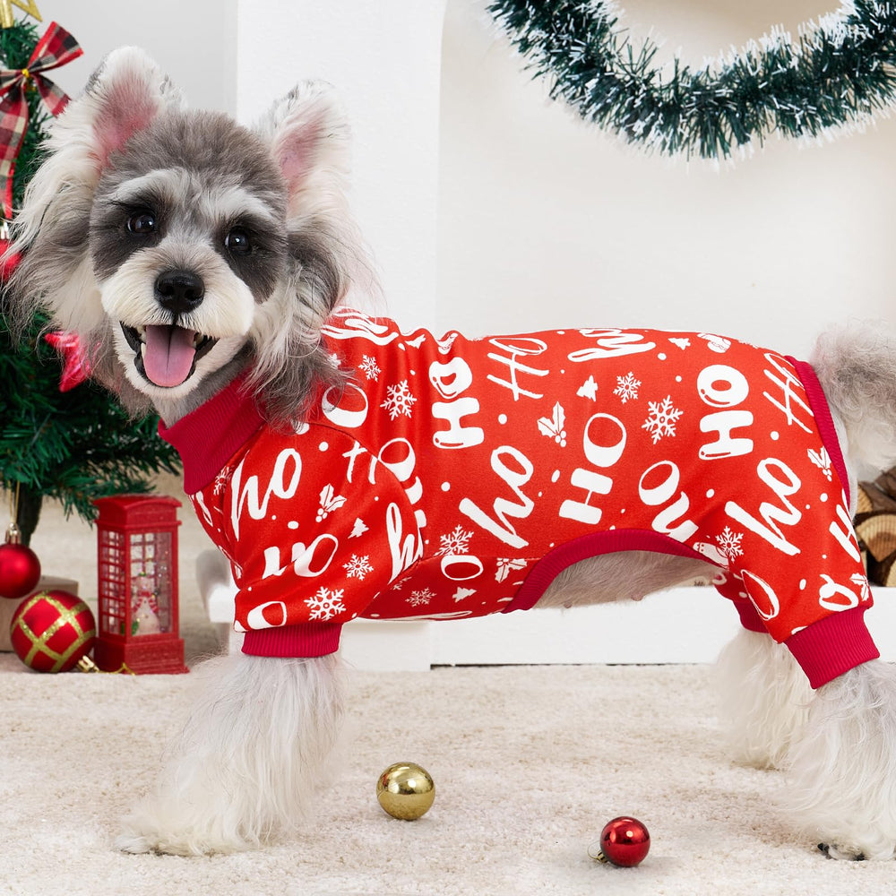 XPUDAC Christmas dog pajamas showing the easy-on pullover style.
