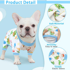 XPUDAC dog pajamas showing the four-leg design and elastic under the belly.