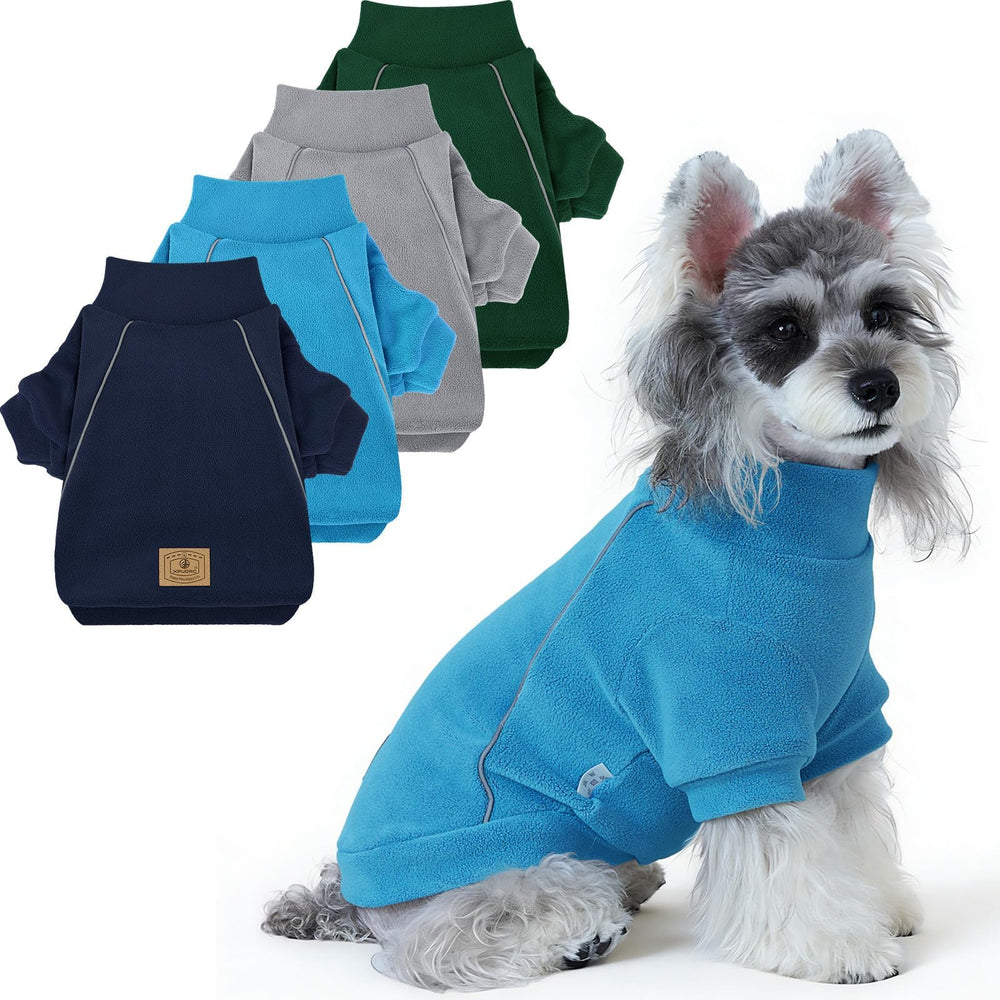 XPUDAC dog sweaters shown together in grey, blue, navy and green.