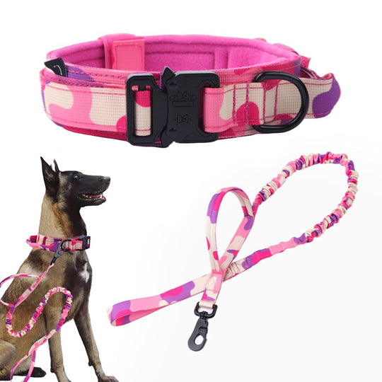 Xqpetlihai tactical dog collar and leash set shown from the front in pink camo.