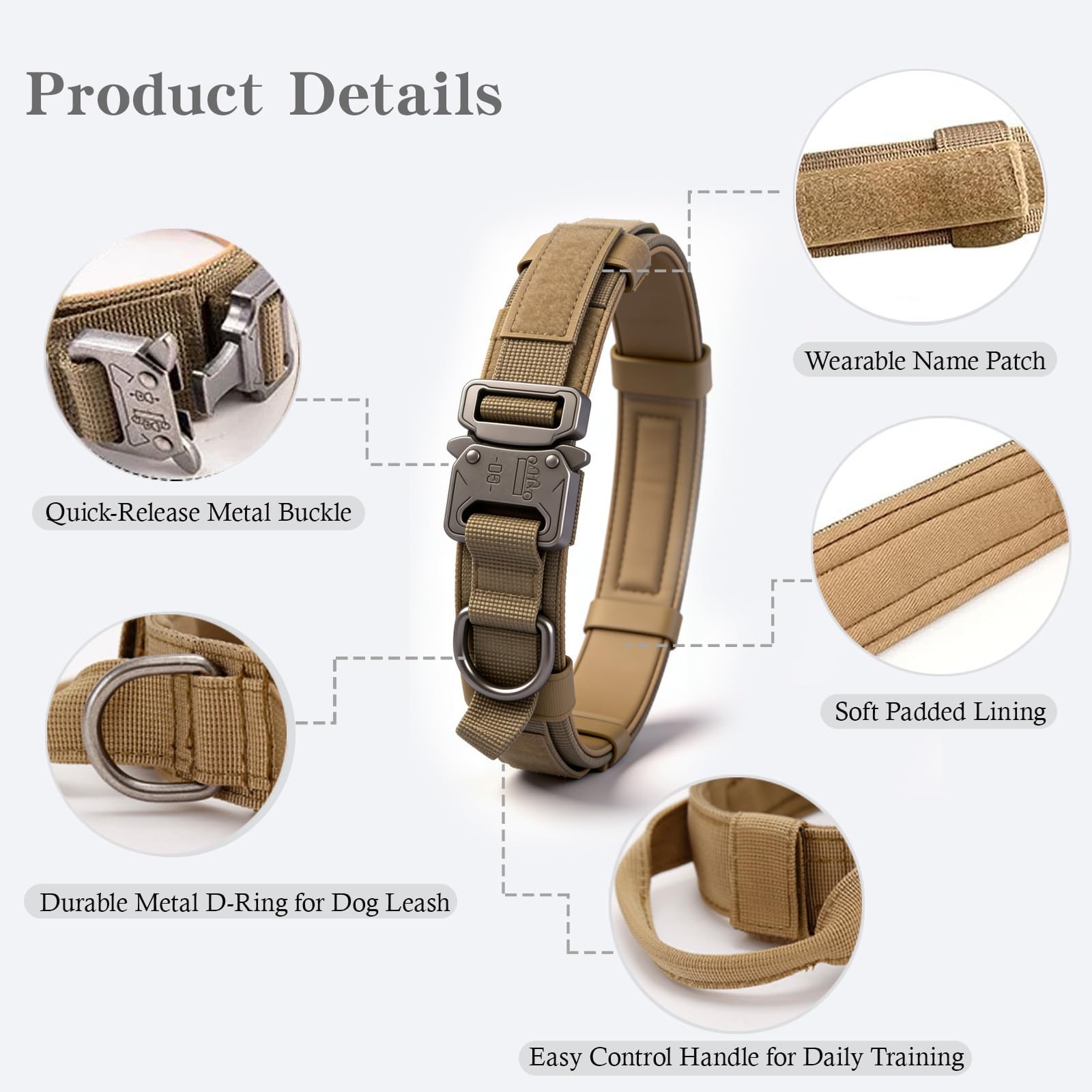 Xqpetlihai Tactical Dog Collar with its built-in control handle in focus.