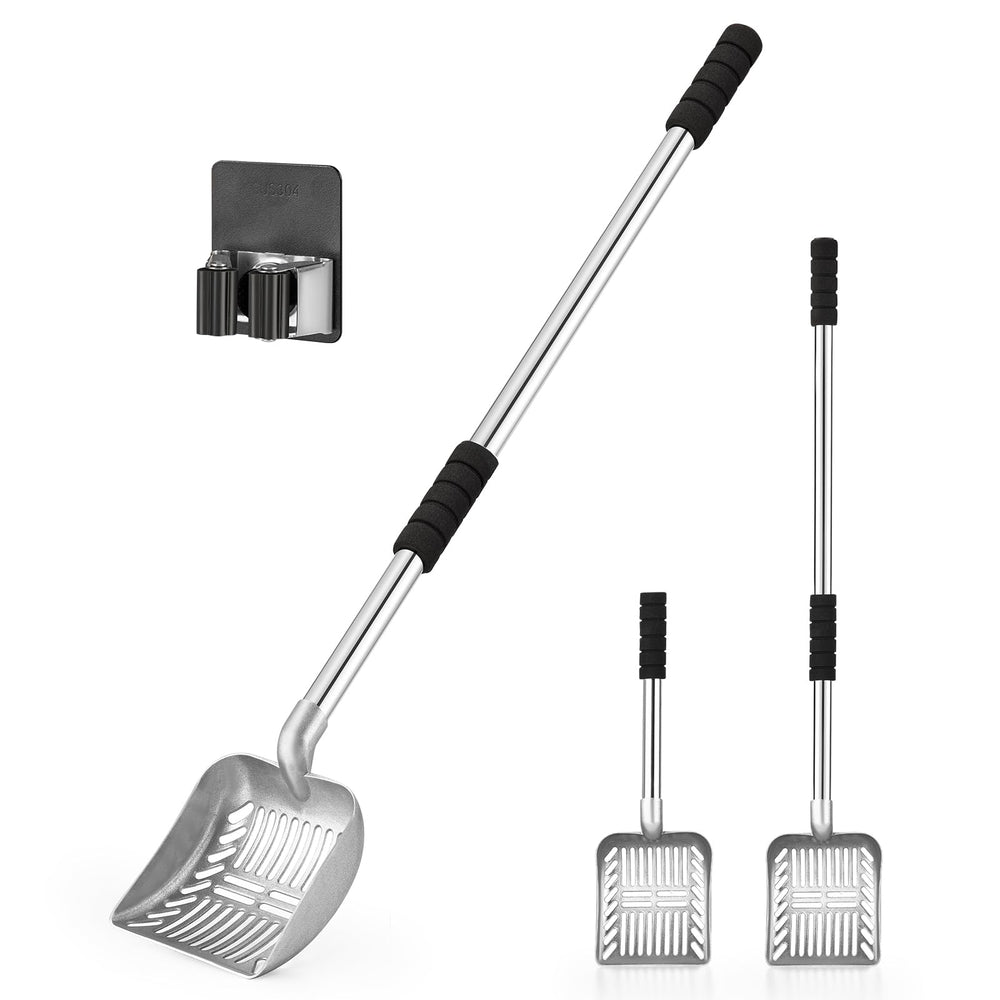 Yangbaga metal cat litter scoop shown from the front with its long handle attached.
