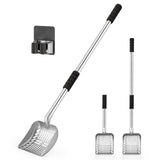 Yangbaga metal cat litter scoop shown from the front with its long handle attached.
