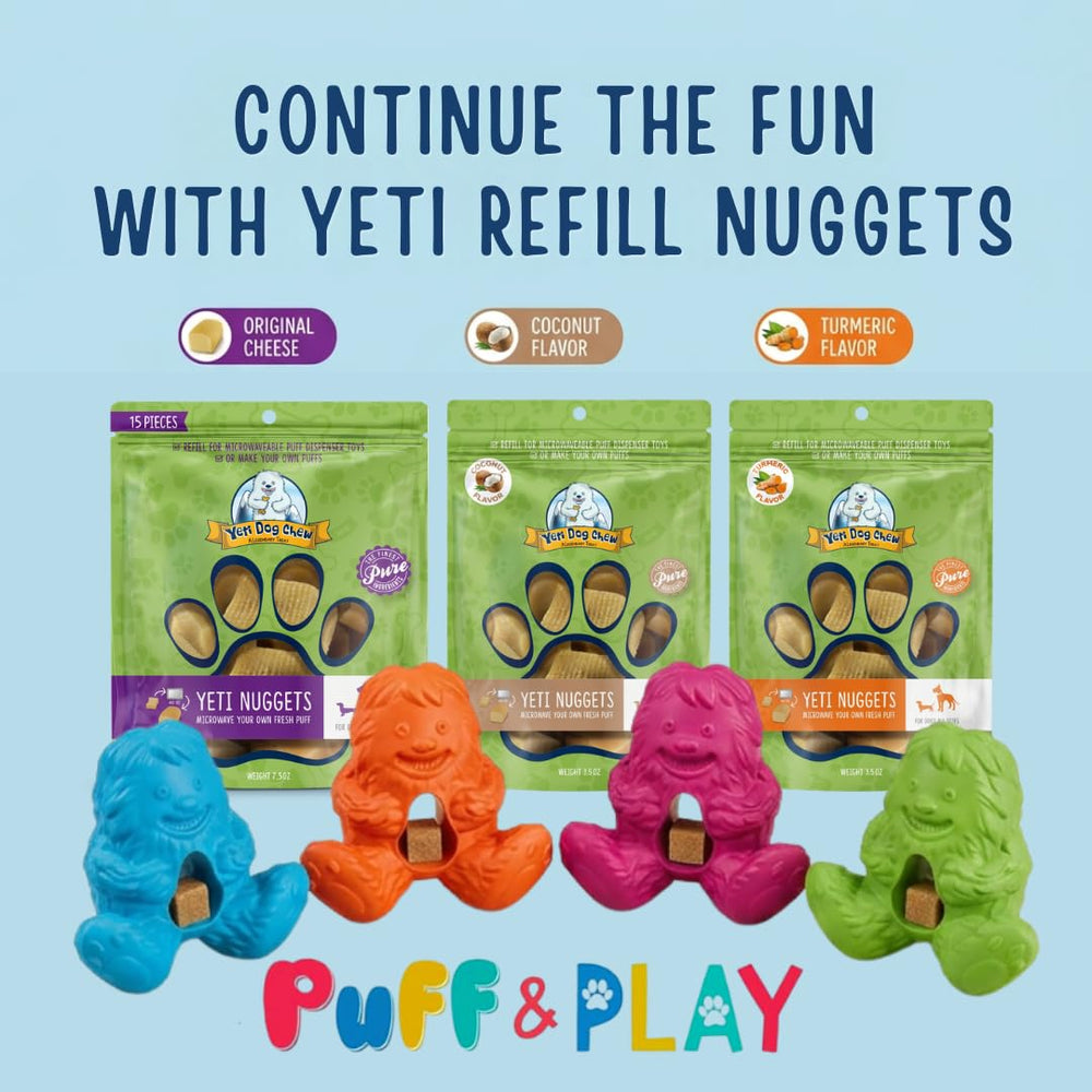 Yeti Dog Chew Puff & Play toy shown with a Yeti Nugget for treat preparation.