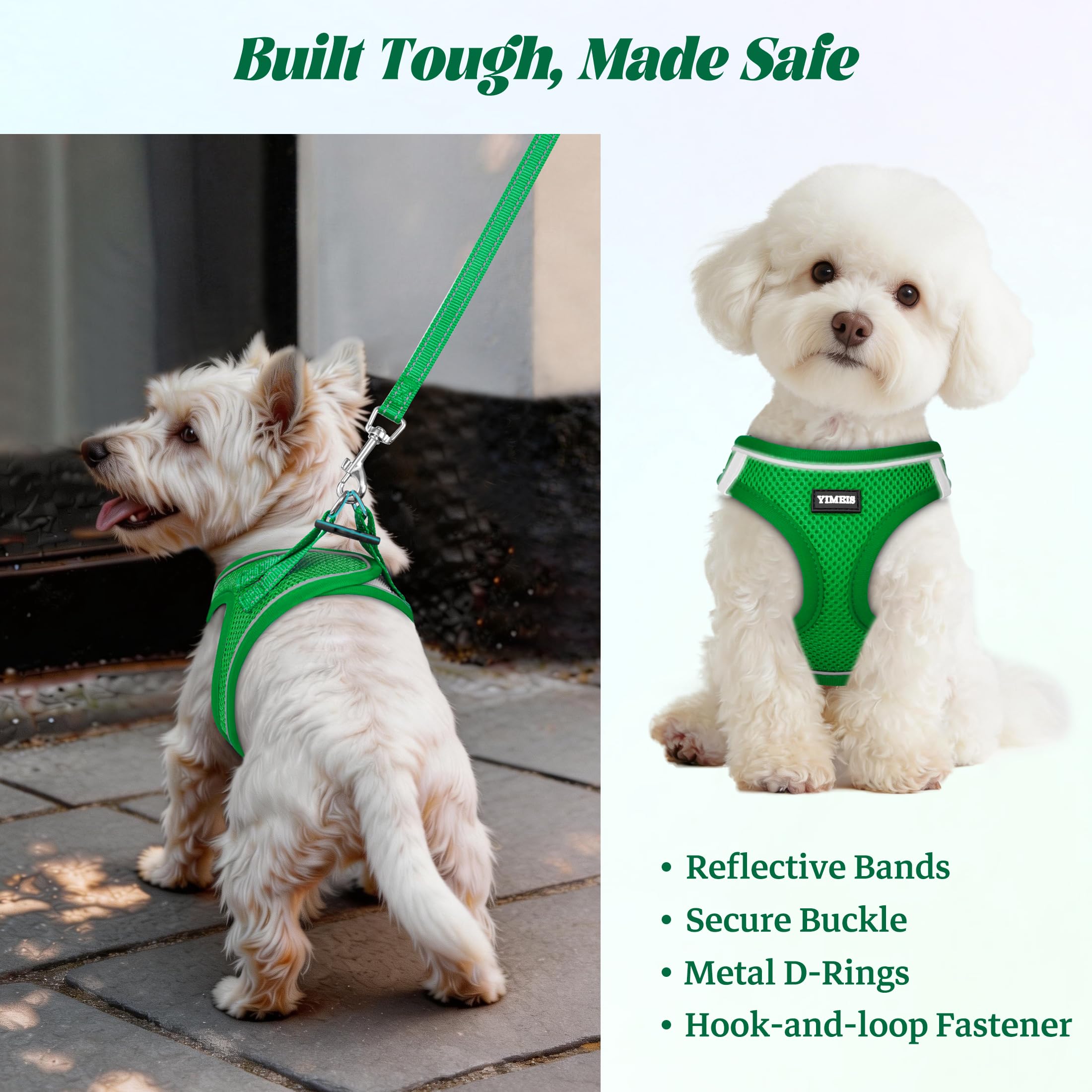 YIMEIS dog harness showing the double D-ring and quick-release buckle.