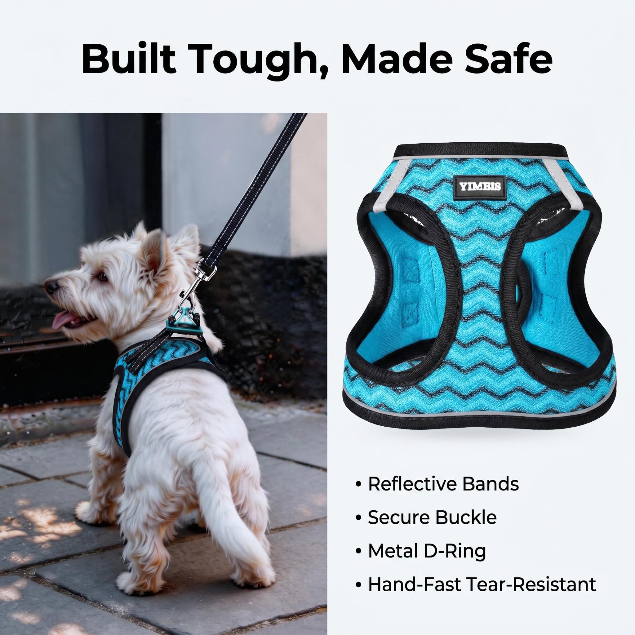 YIMEIS dog harness and leash set showing the buckle and double D-rings.