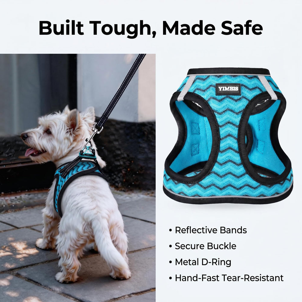 YIMEIS dog harness and leash set showing the buckle and double D-rings.