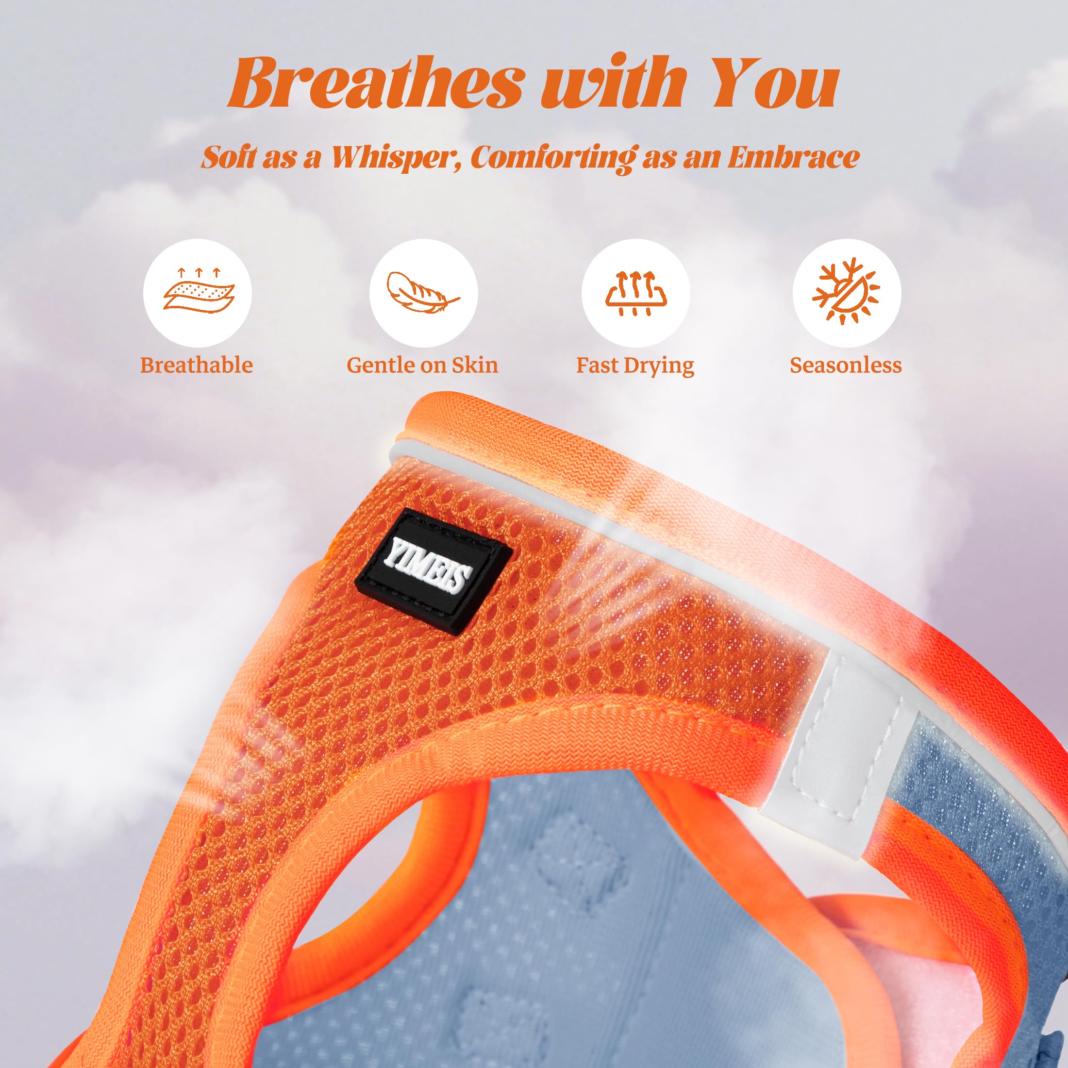 YIMEIS dog harness detail showing reflective strips across the vest.