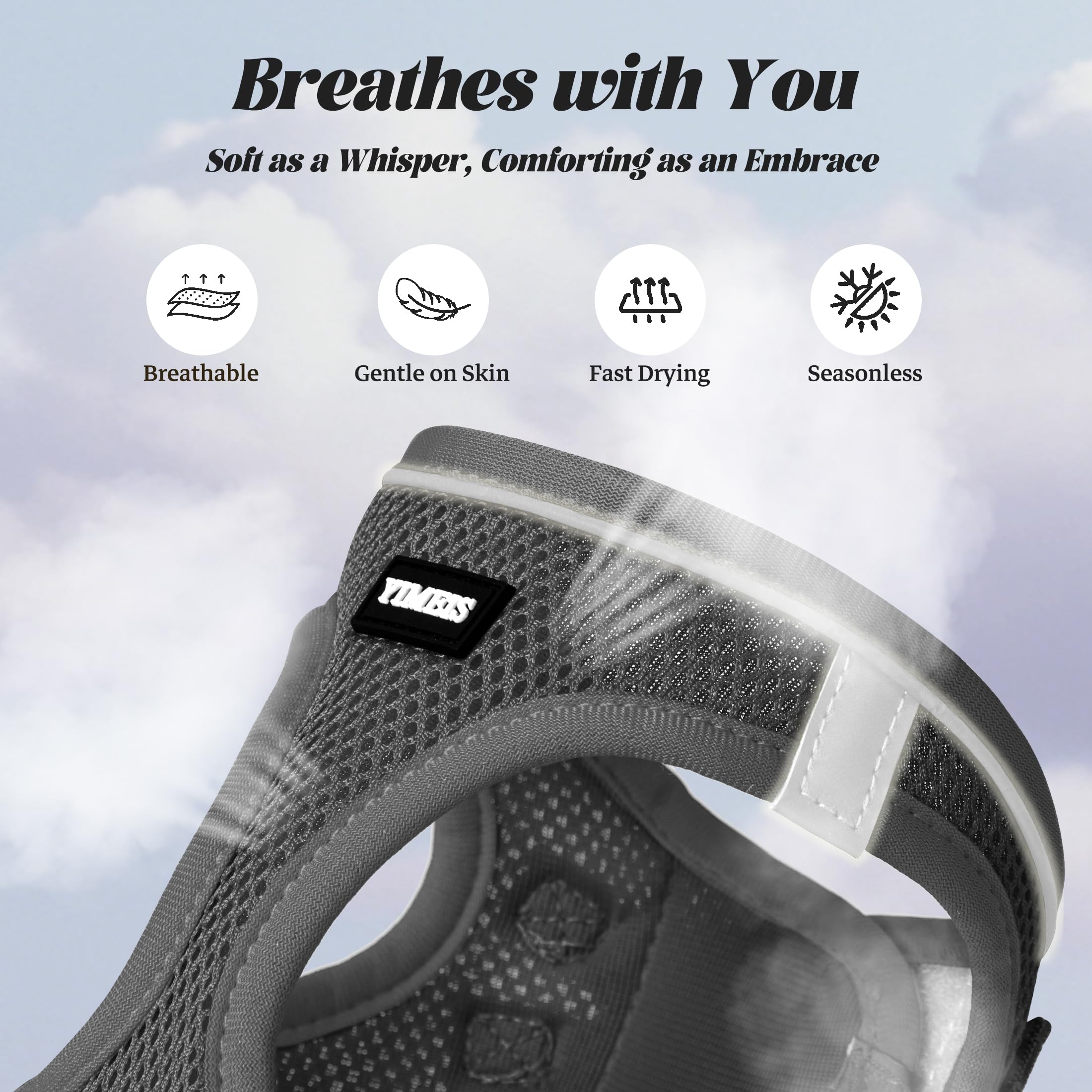 YIMEIS dog harness detail highlighting its reflective strips.