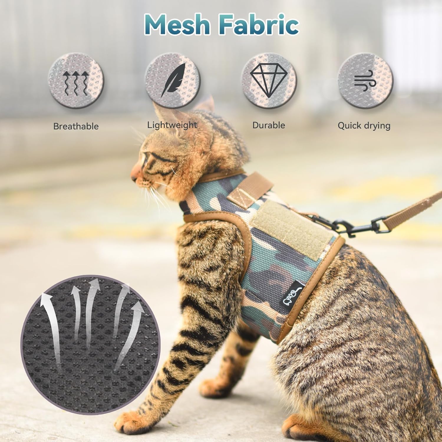 YIZHI MIAOW cat harness shown with its adjustable fit.