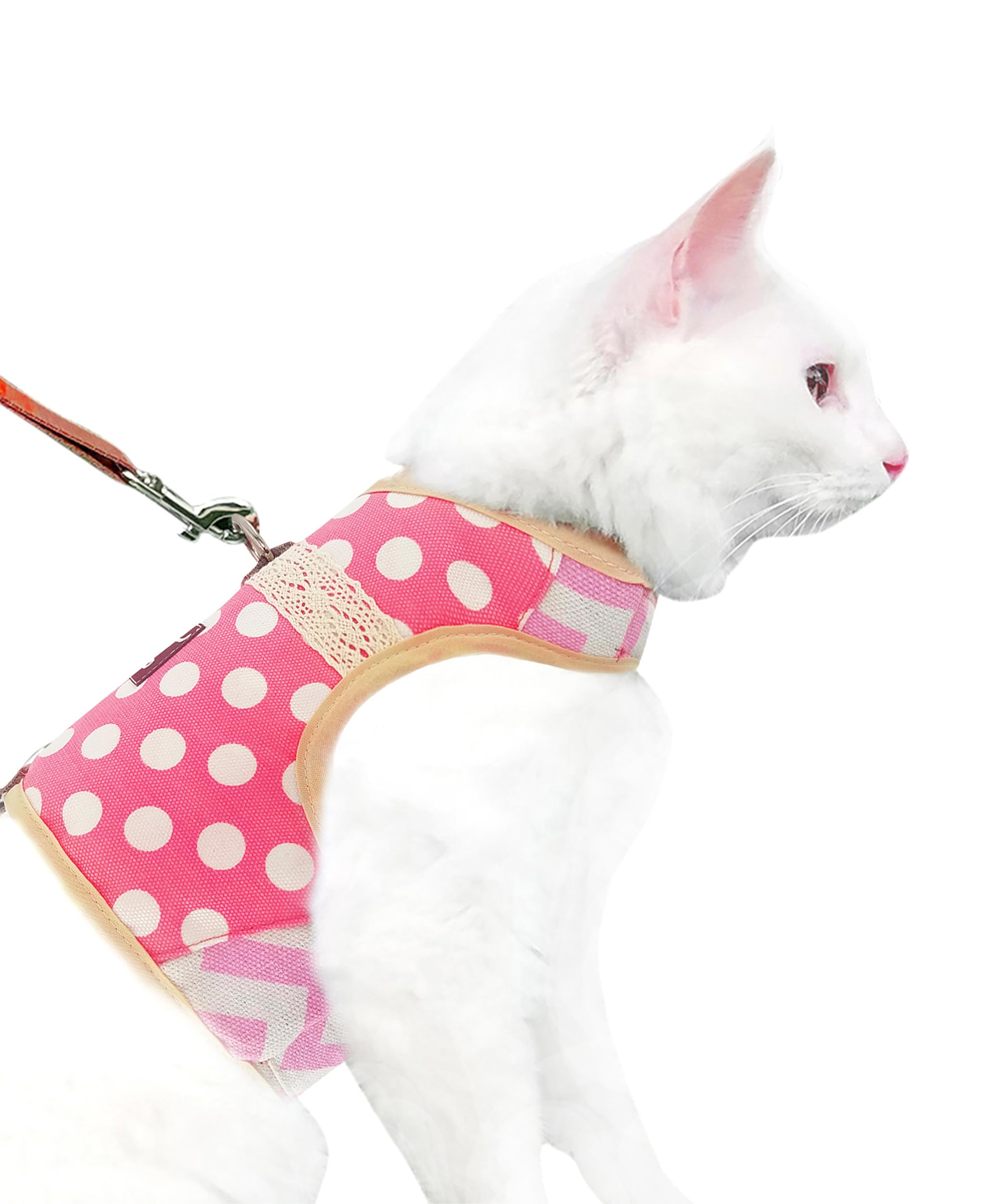 YIZHI MIAOW cat harness and leash set shown from the front in pink polka dots.