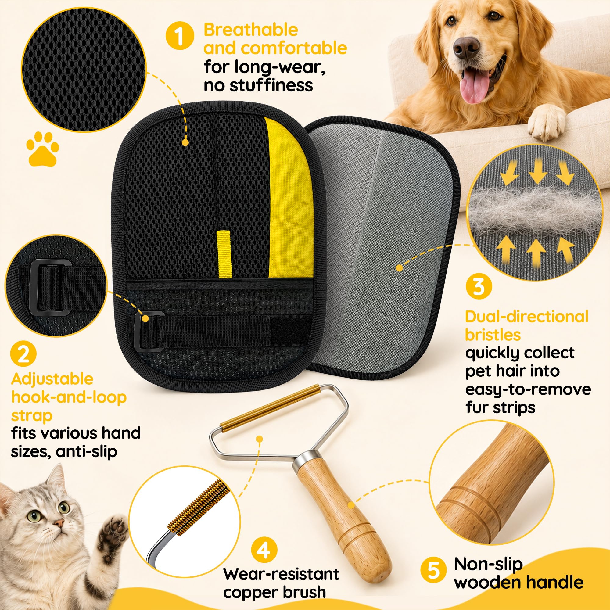 Yochaqute Pet Hair Removal Glove set with two gloves and a spare scraper.