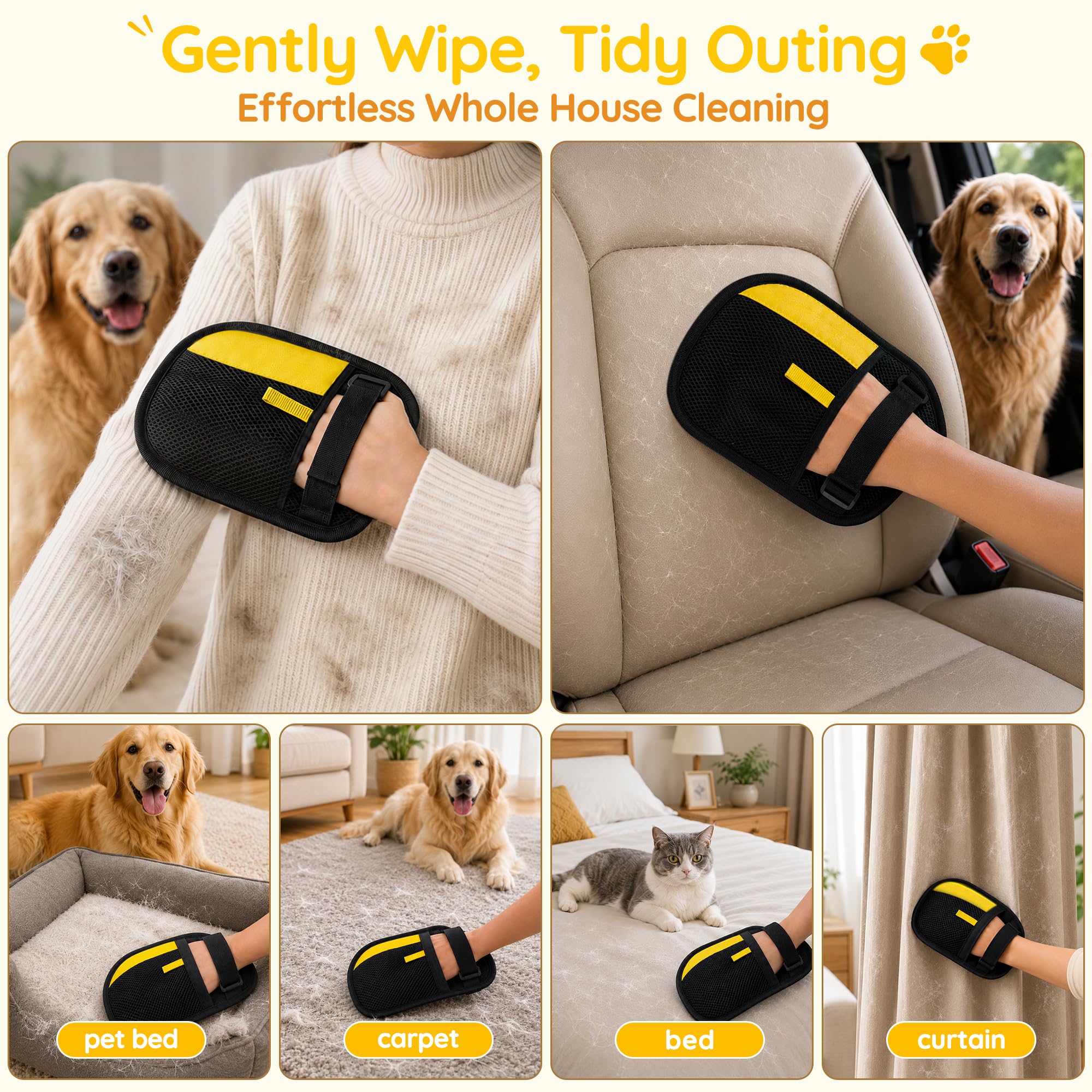 Yochaqute Pet Hair Removal Glove being used to gather pet hair from a sofa.