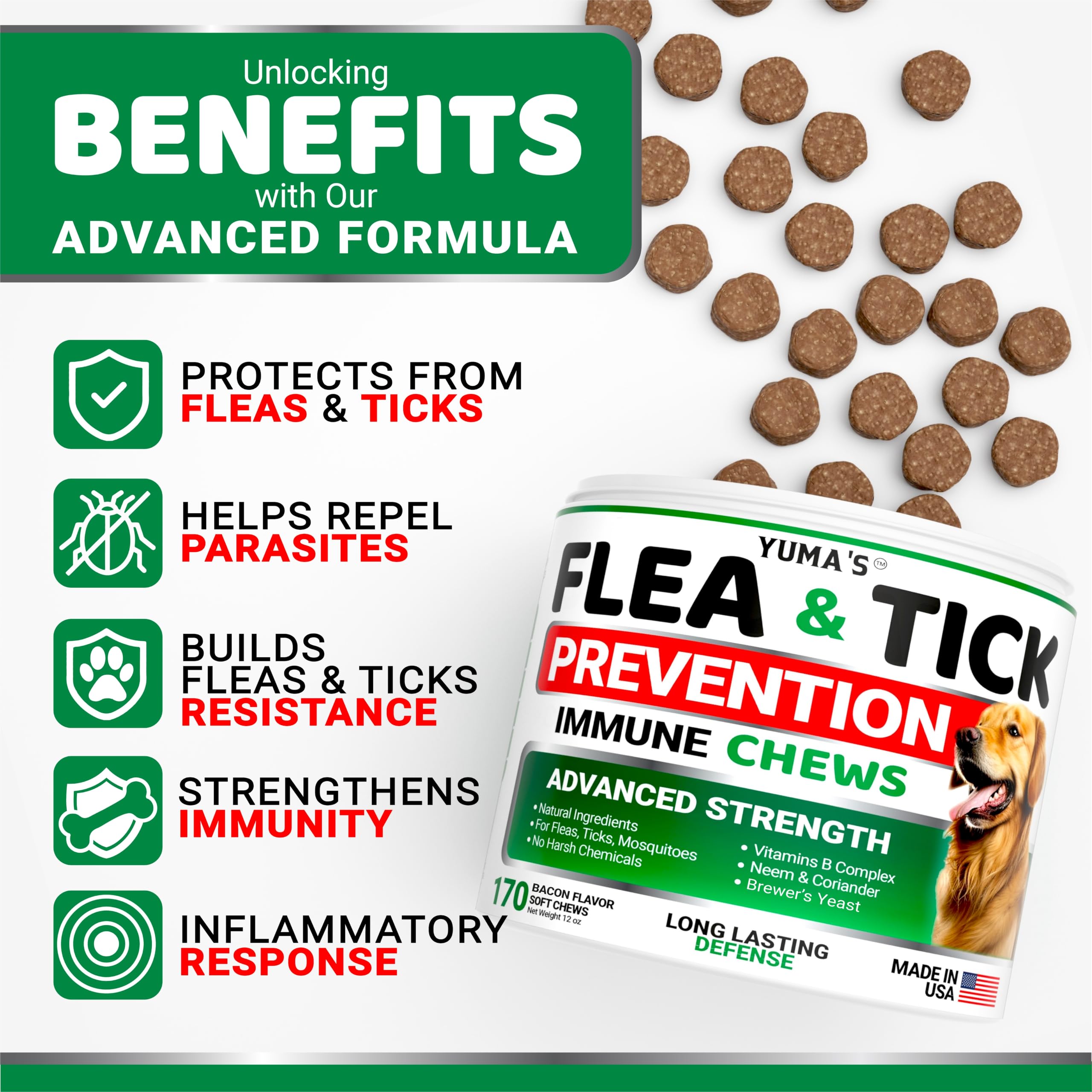 Close-up view of a YUMA'S dog flea and tick chew.